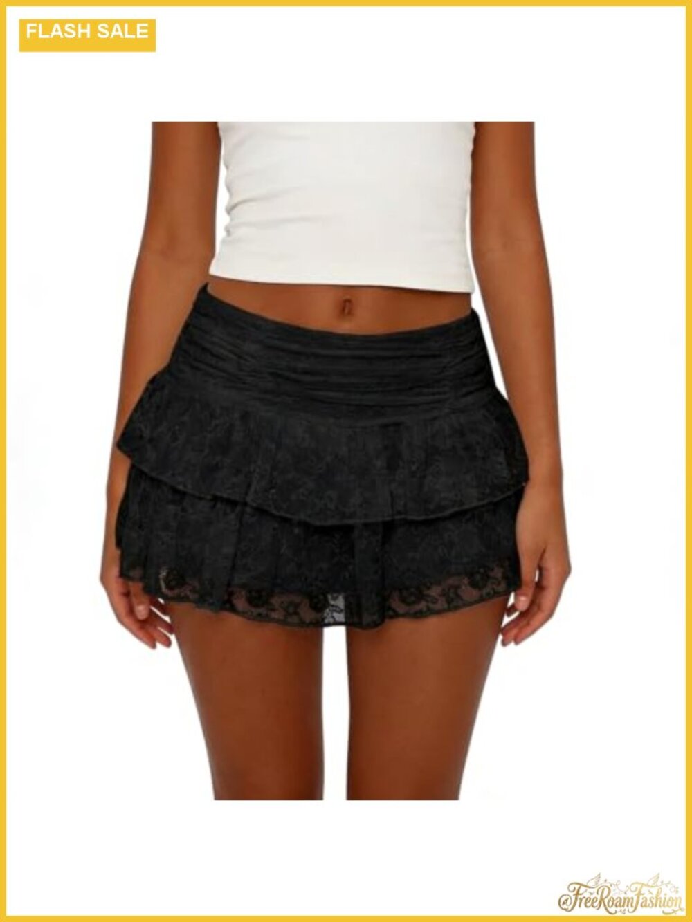 Lace Mini Skort with Built-in Shorts Elastic Waist Ruffle Layered Skirt